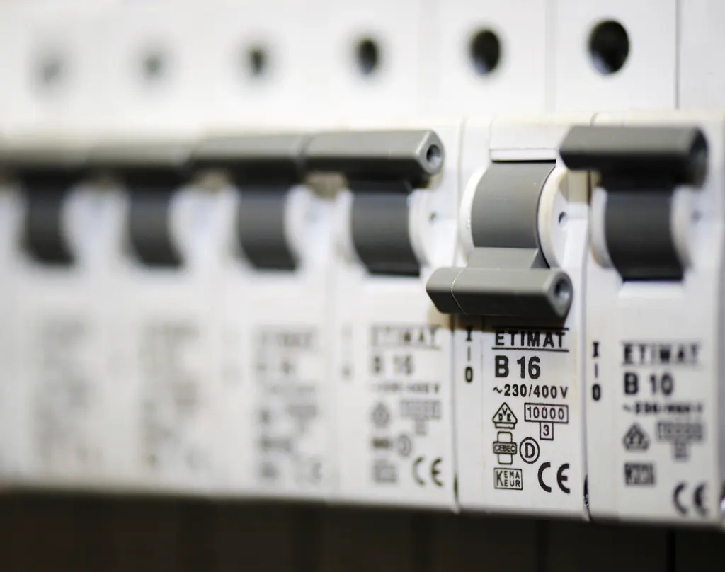 Close-up of a tripped circuit breaker switch