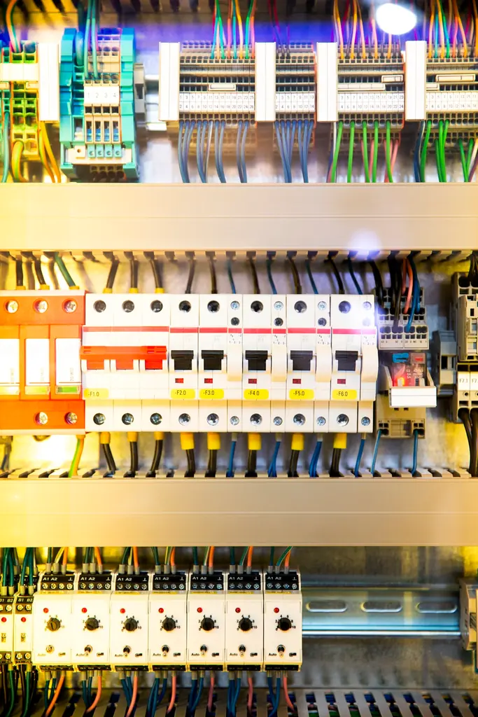 Rows of circuit breakers inside a distribution board